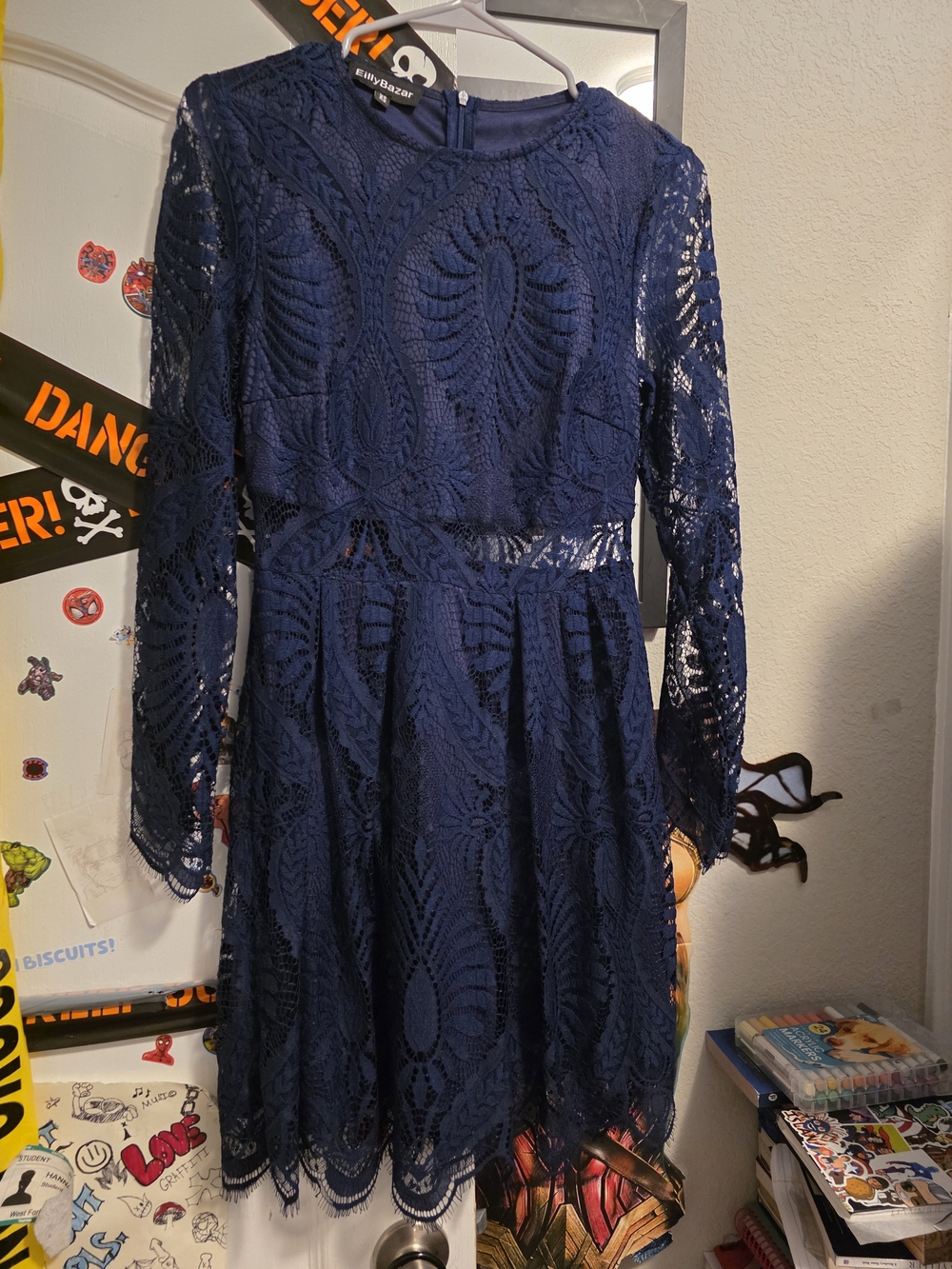 emily west Navy Lace Long-Sleeve Fit & Flare Dress